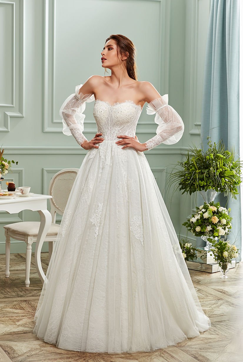 ANGEL - Vestido de novia de encaje francés con mangas globo ANGEL - Vestido de novia de encaje francés con mangas globo