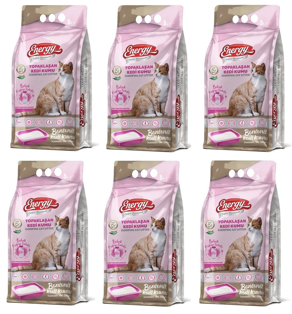 Energy Bentonit Kedi Kumu Bebek Pudrası Kokulu 5 Lt * 6 Paket