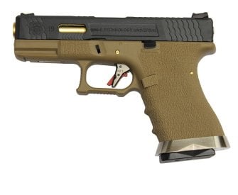 WE GLOCK G19 T6 FORCE GBB TAN (Black Slide + Gold Barrel)