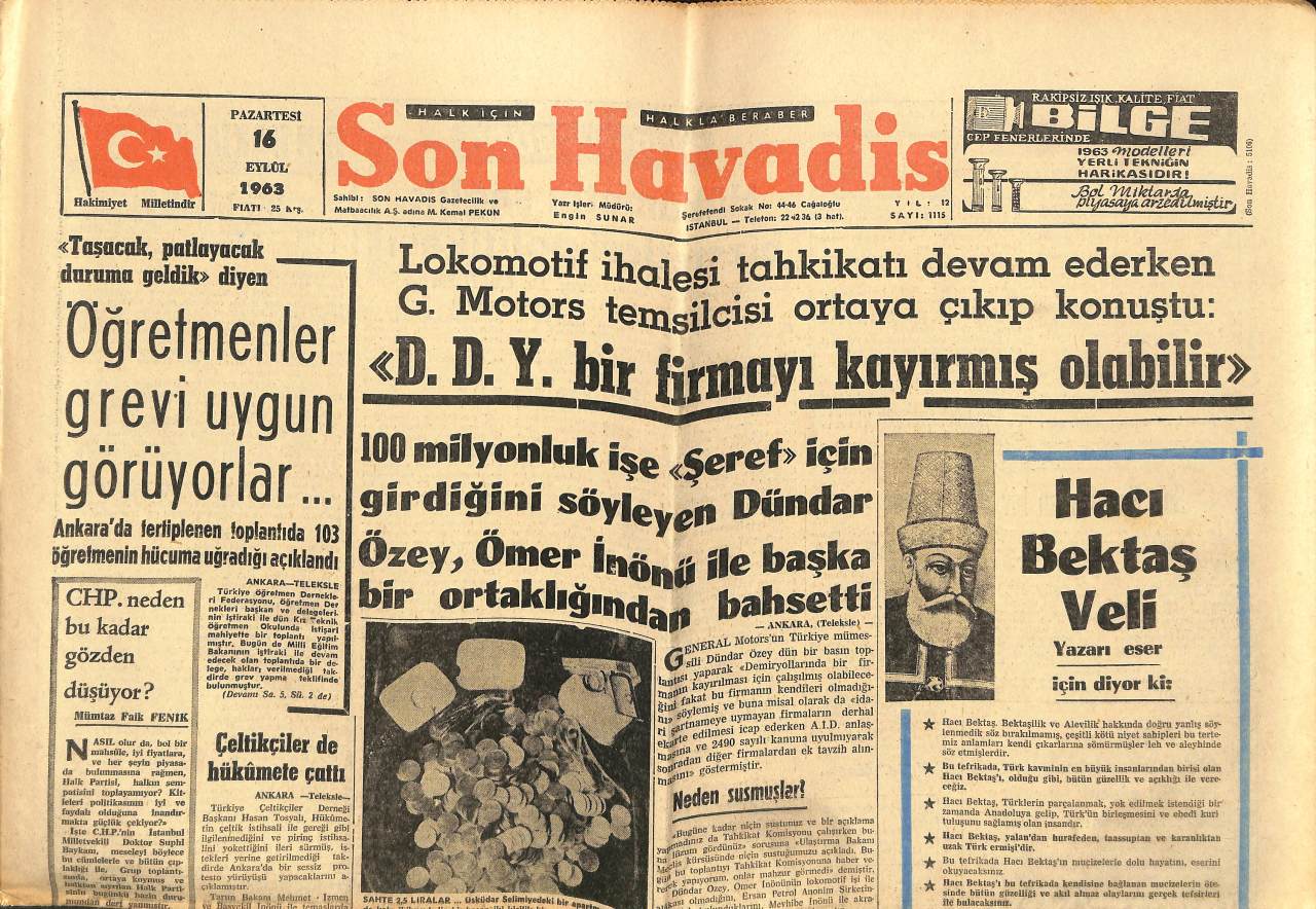 Son Havadis Gazetesi 16 Eylül 1963 - Fikret Hakan İftiraya Uğradığını
