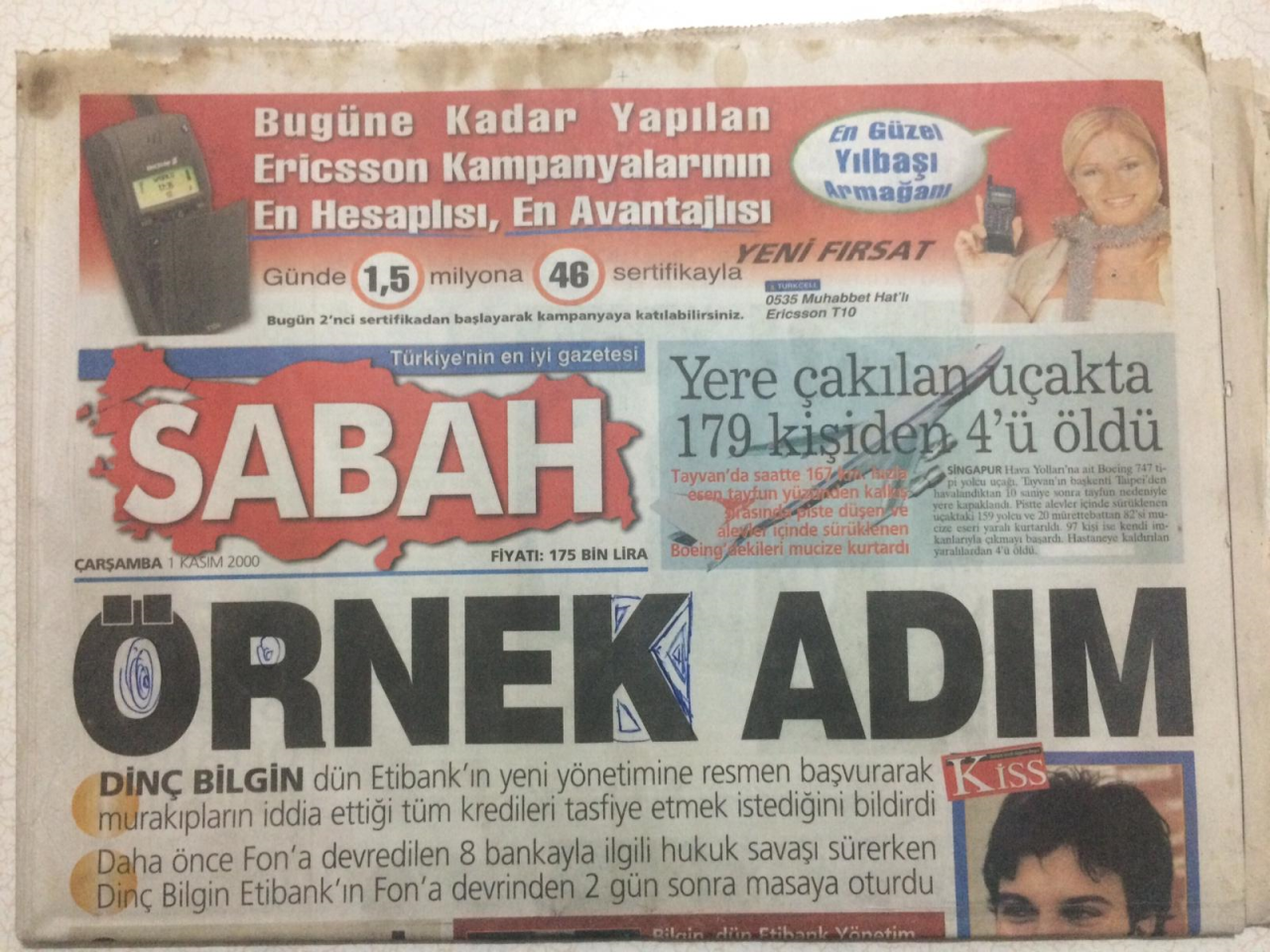 Sabah Gazetesi 1 Kasım 2000 - İşte Tarkan'ın Son Hali GZ23576 - - 2000