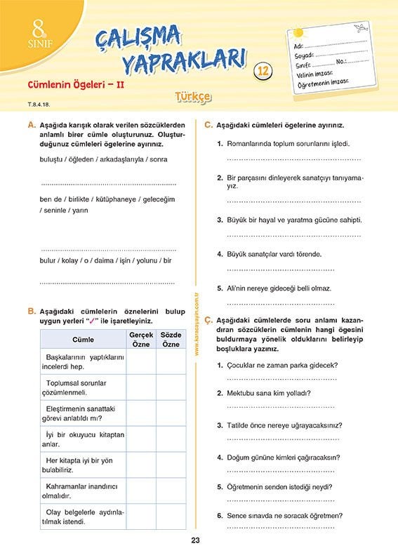 8. Sınıf Türkçe Etkinlikli Soru Bankası Çalışma Yaprakları