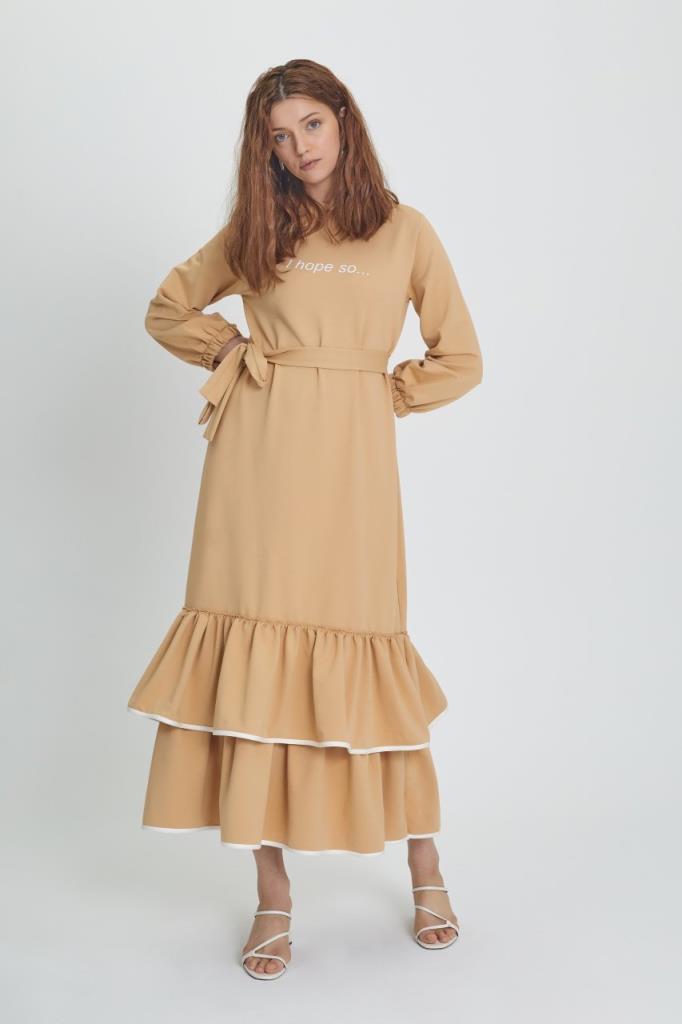 Advento Camel Kahverengi Eteği Fırfırlı Kemerli Elbise ELBİSE BASICPARK