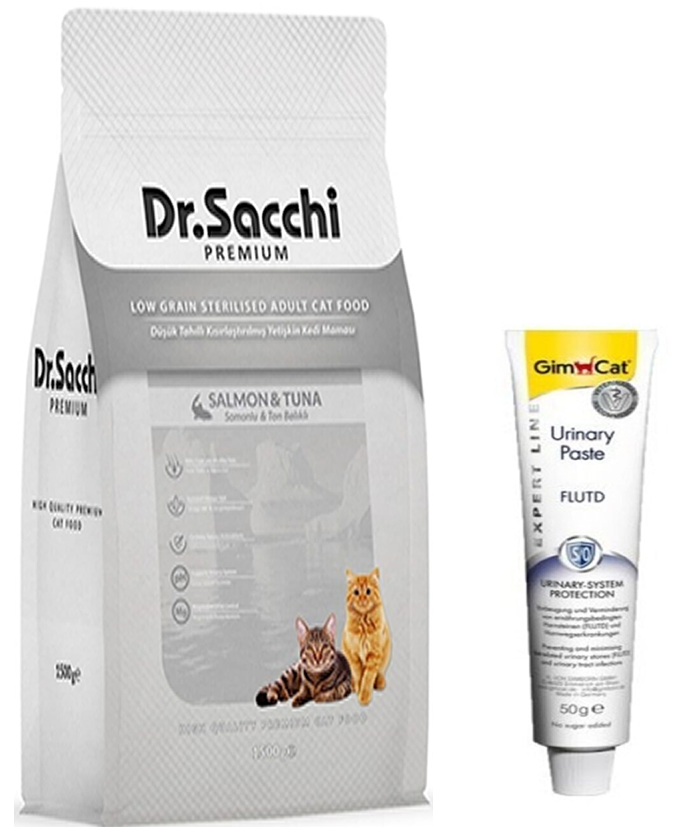 Dr Sacchi Premium Somon Düşük Tahıl Kısır kedi Mama 1,5 Kg + Gimcat 50