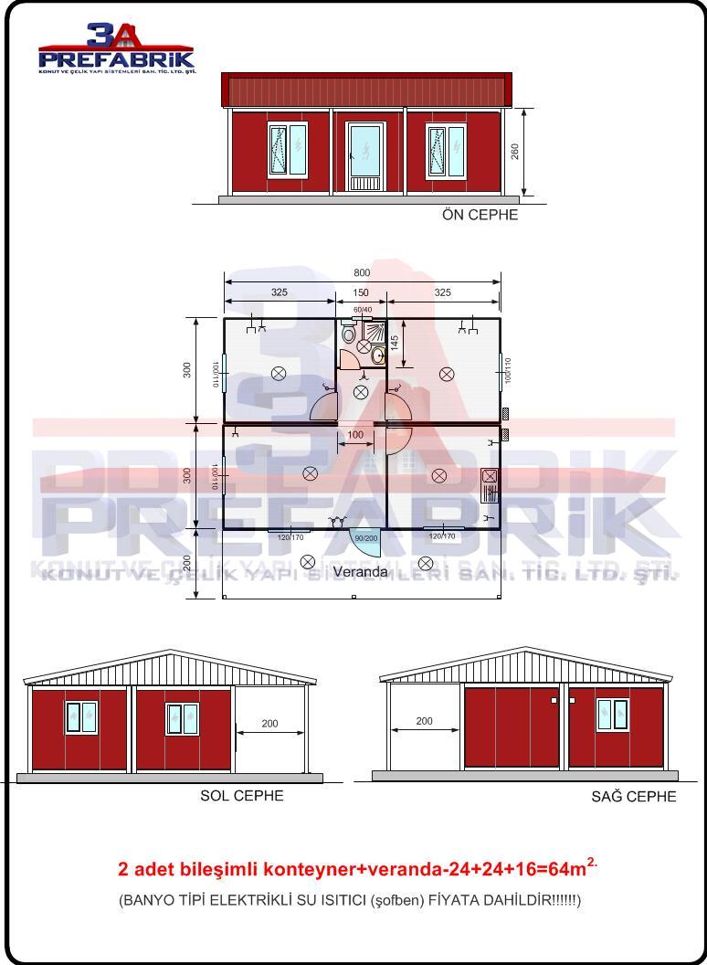 64m2. Ev Tipi Verandalı Birleşimli Konteyner