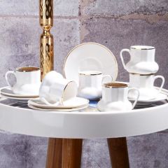 New Bone China Yuvarlak 6'lı Kahve Fincan Takımı Yaldızlı