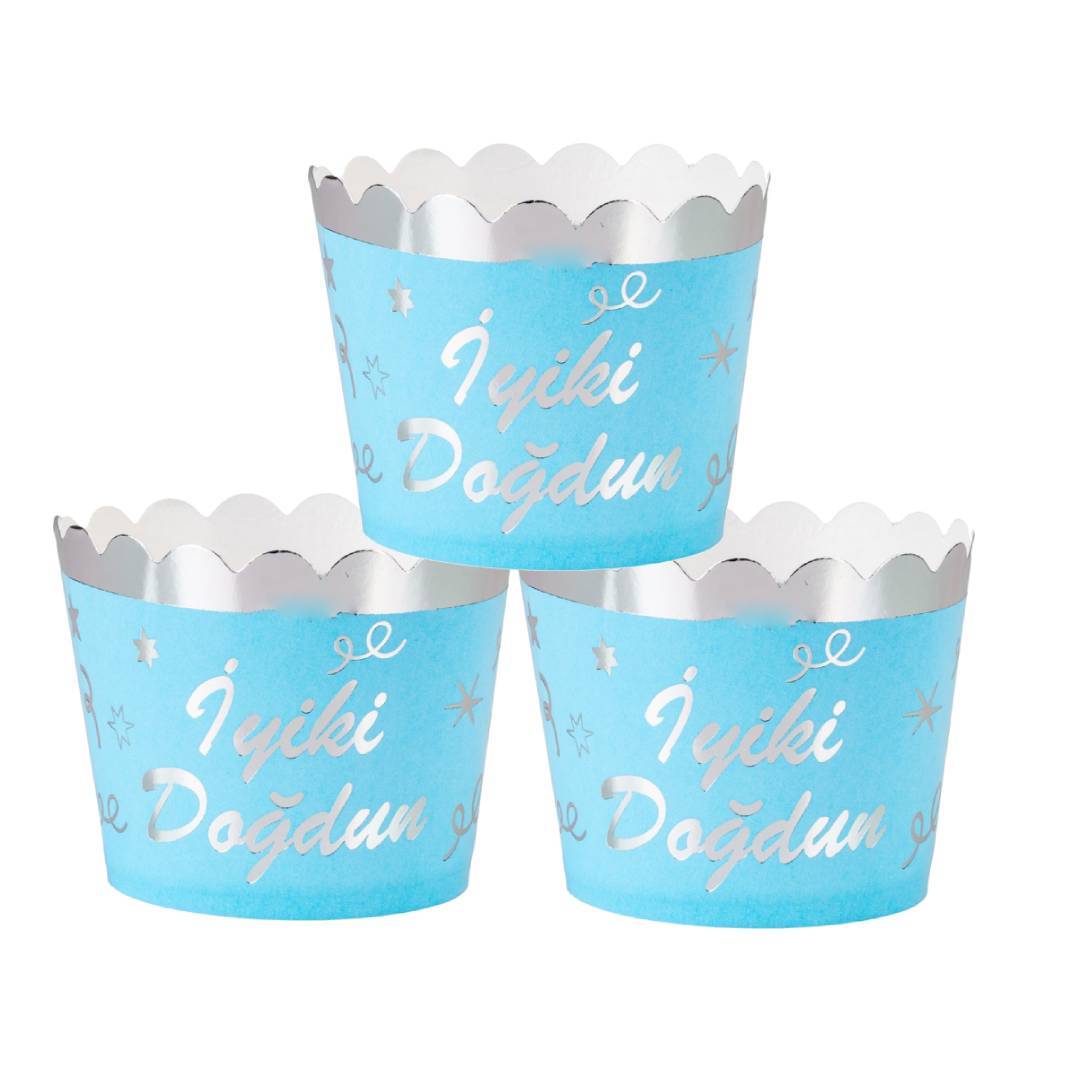 Metalize Mavi Gümüş İyi ki Doğdun Cupcake Kabı Karton Kek Standı