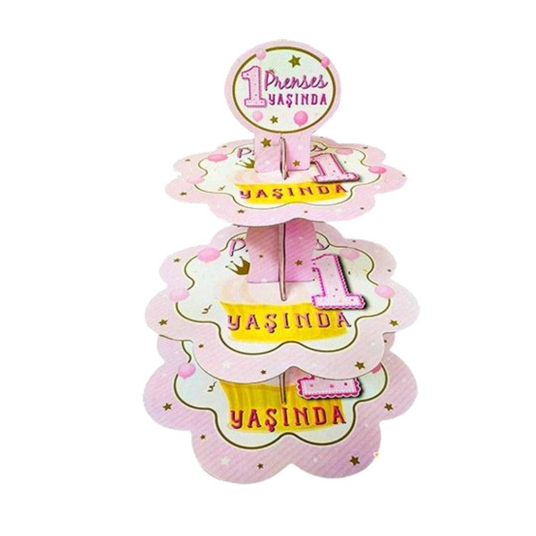 Prenses 1 Yaşında Kek Standı 3 Katlı Karton Kek Standı Cupcake Standı