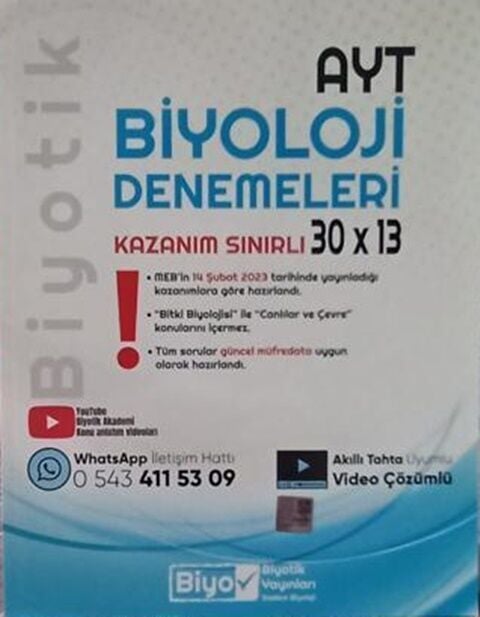 AYT Biyoloji Biyotik Kazanım Sınırlı 30 X 13 Denemeleri Biyotik ...