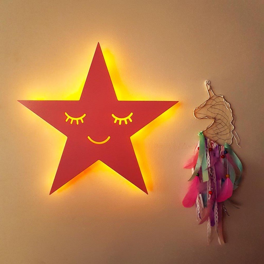 Led Işıklı Ahşap Pembe Yıldız Duvar Lambası Pano Bakmakistersen Dekorasyon