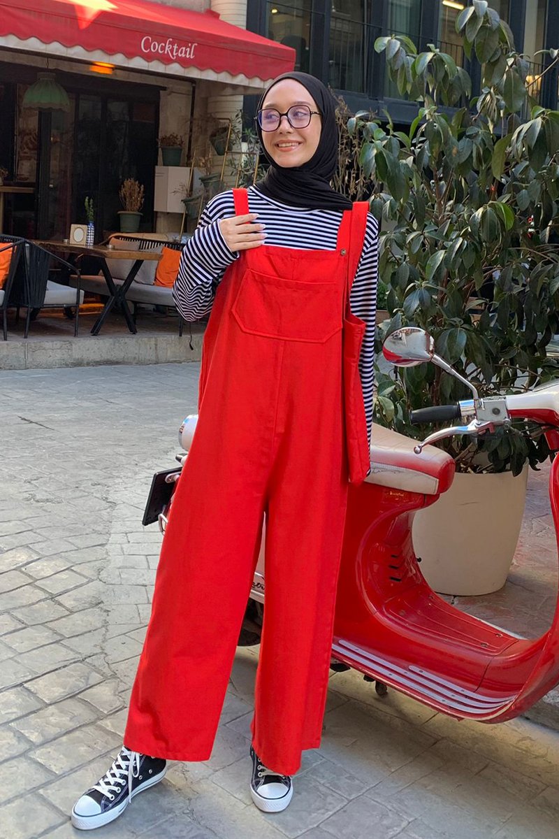 red linen overalls