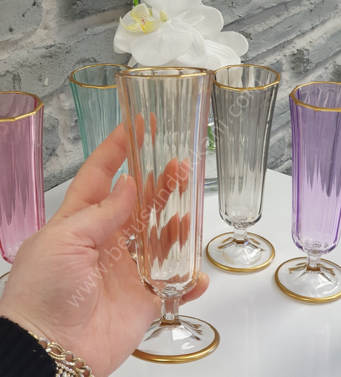 6�lı Renkli Kahve Yanı Kadehi Diamond Lüsterli