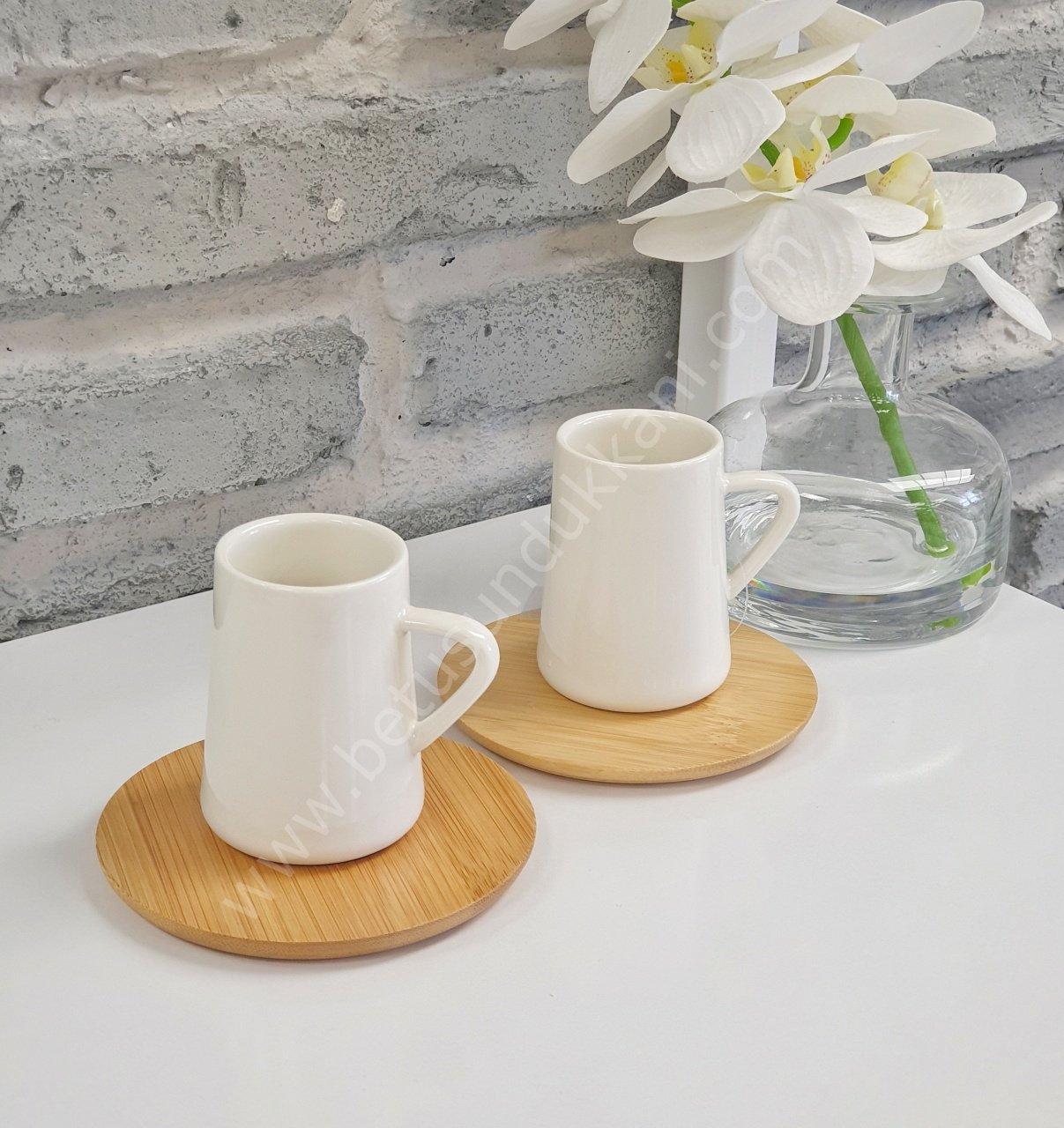 Bambu Tabaklı 6 Kişilik Porselen Kahve Fincanı