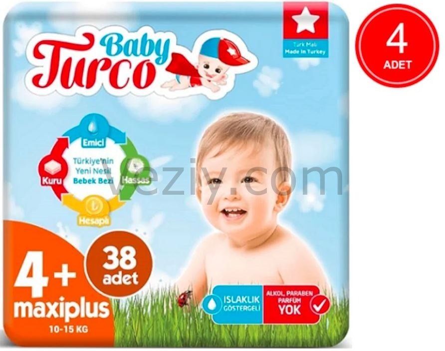 Baby Turco Maxi Plus Bebek Bezi 1015 KG 4+ Beden 4 x 38 Adet