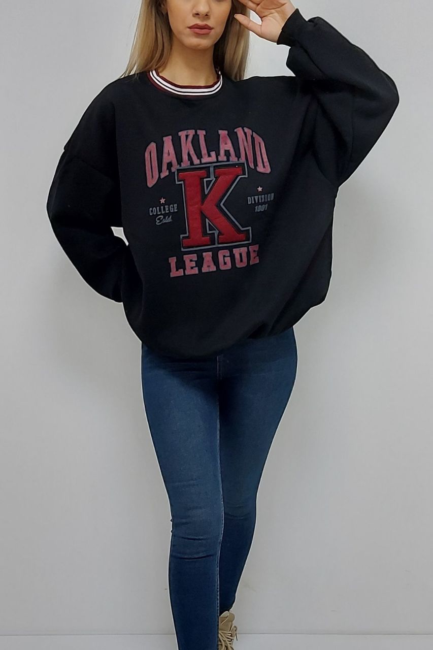 Kolej Yaka OAKLAND Baskılı Oversize Sweatshirt Siyah