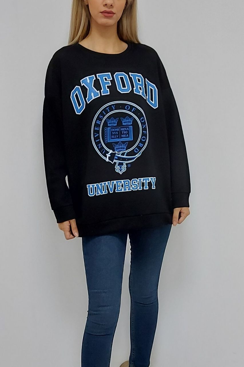 Oxford Baskılı İçi Tüylü Sweatshirt Siyah