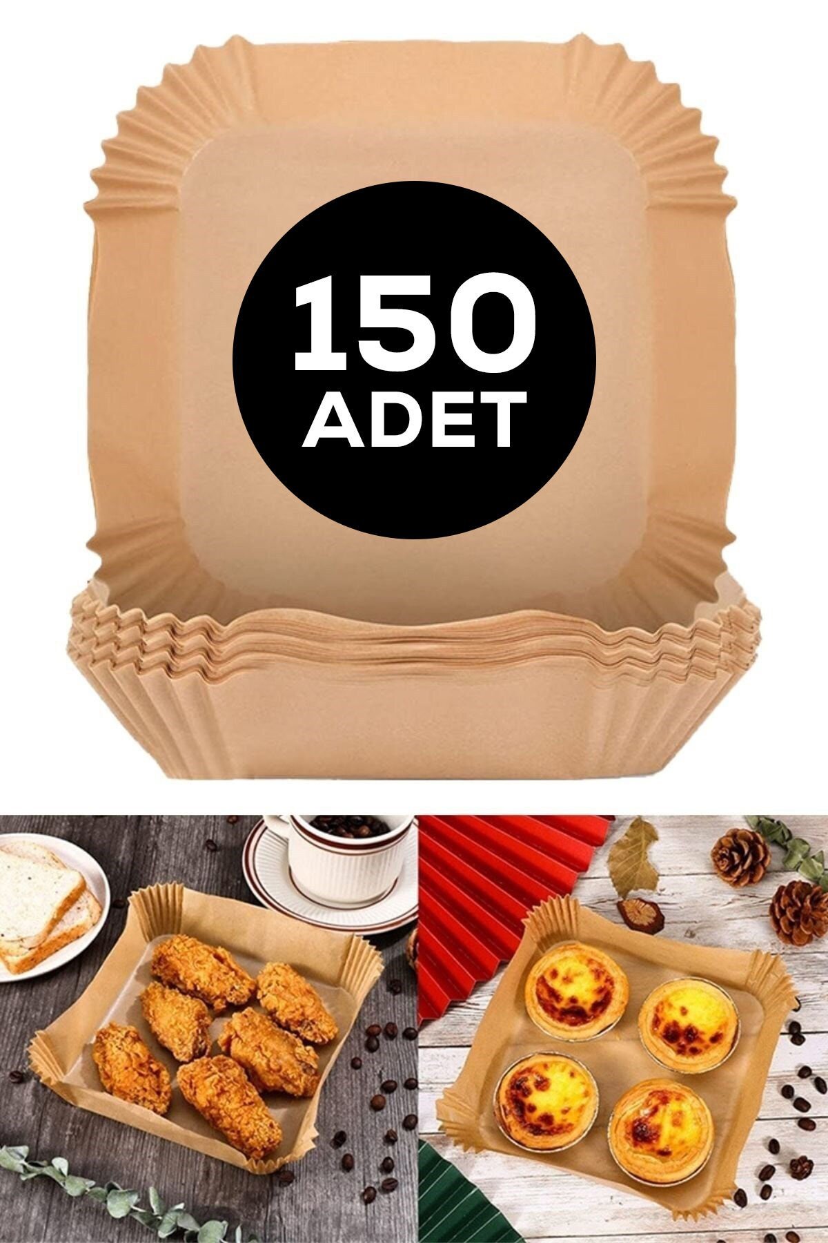 150 Adet Air Fryer Pişirme Kağıdı Tek Kullanımlık Yağ Geçirmez Kağıt Kare Tabak Model