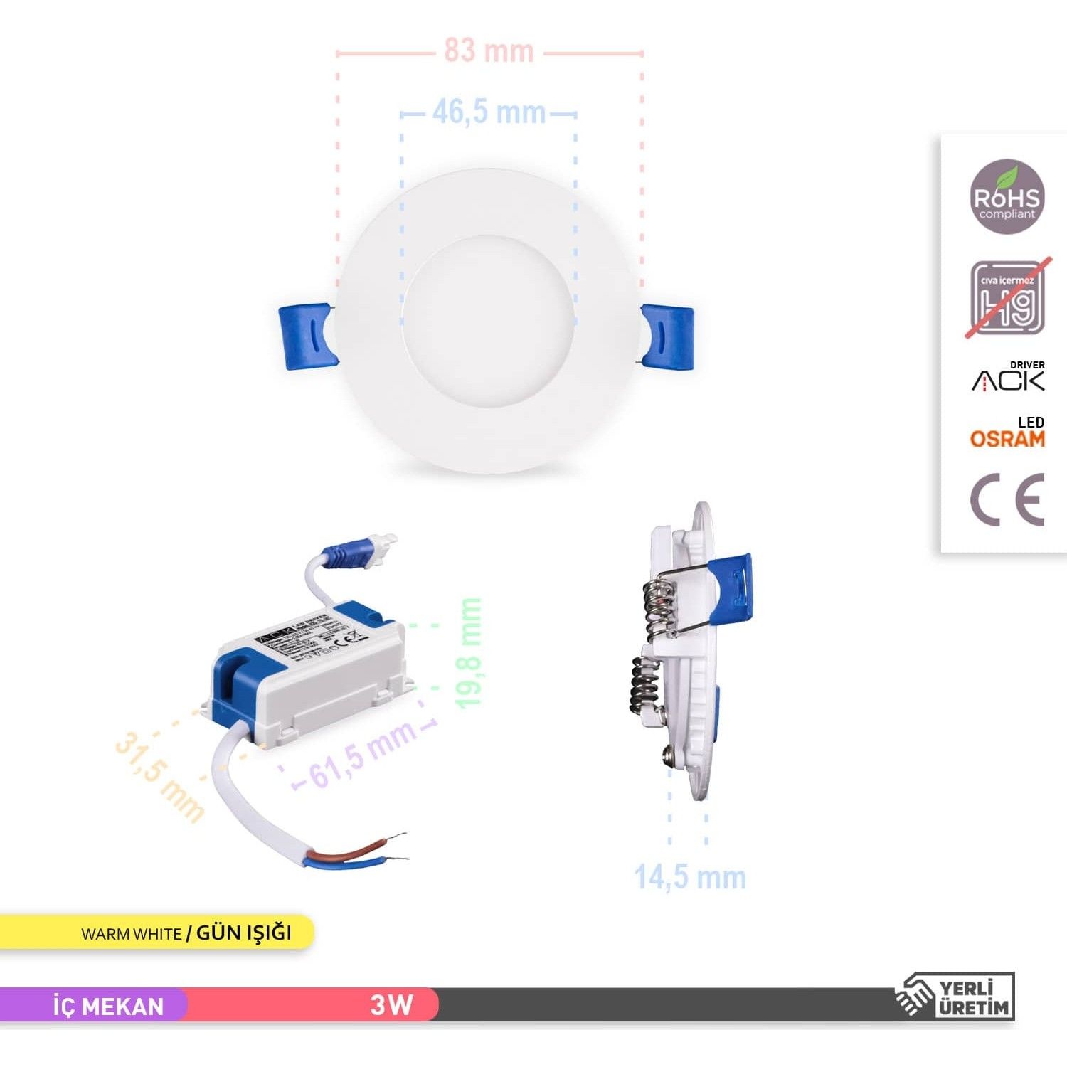 Ack 3W Sıva Altı Led Panel Armatür - 6500K Beyaz Işık