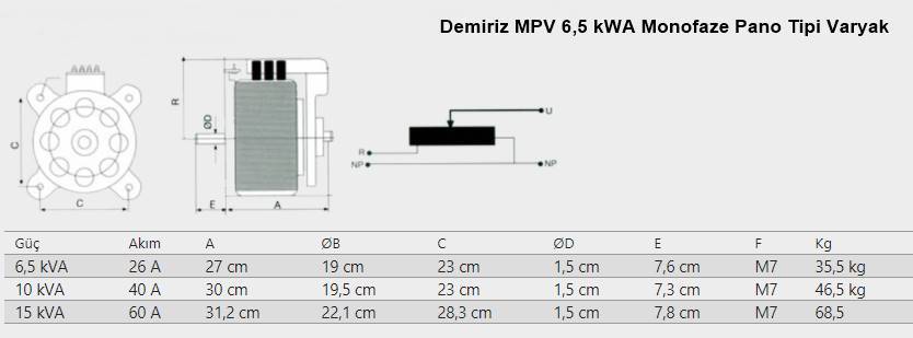 Demiriz MPV 6.5 kWA Monofaze Pano Tipi Varyak