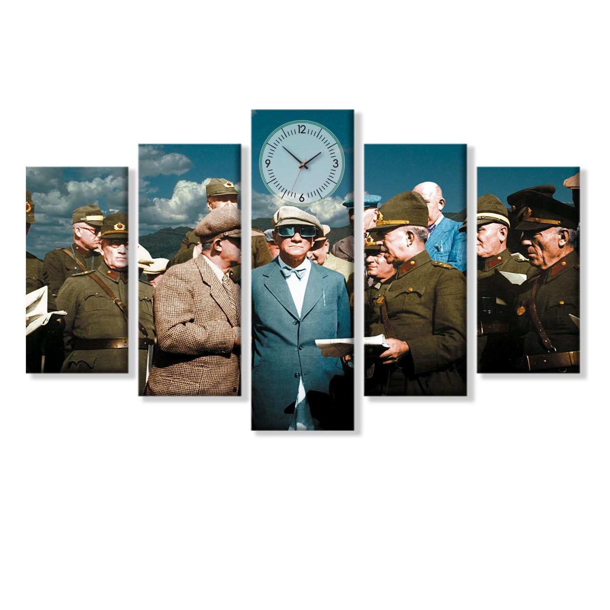 ataturk resimli 5 parcali saatli kanvas tablo