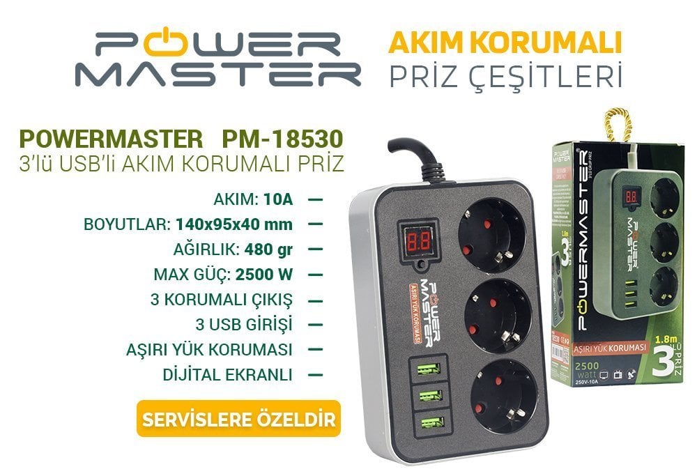 Powermaster 3xUSB Girişli 3'lü 1.8Metre 2500W Dijital Akım Korumalı Priz