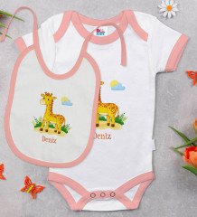 BK Kids Kişiye Özel İsimli Pembe Bebek Body Zıbın ve Mama Önlüğü Hediye Seti-20