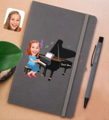BK Gift Kişiye Özel Müzik Öğretmeni Karikatürlü Gri Termo Deri Defter ve Metal Versatil Kalem(0,7 Kurşun) Hediye Seti-2