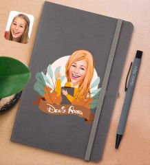 BK Gift Kişiye Özel Öğretmen Karikatürlü Gri Termo Deri Defter ve Metal Versatil Kalem(0,7 Kurşun) Hediye Seti-2