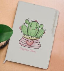BK Gift Kişiye Özel Kaktüs Tasarımlı Beyaz Termo Deri Not Defteri 15x21cm-2