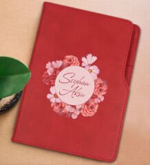 BK Gift Kişiye Özel Çiçek Tasarımlı Kırmızı Termo Deri Not Defteri 15x21cm-2