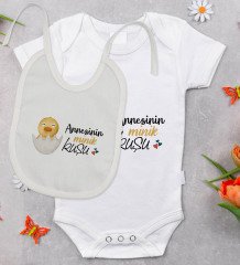 BK Kids Annesinin Minik Kuşu Tasarımlı Bebek Body Zıbın ve Mama Önlüğü Hediye Seti - Model 1