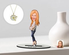 Kişiye Özel Kadın Karikatürlü 3D Ahşap Biblo ve İsimli Tarihli Papatya Kolye Seti-11