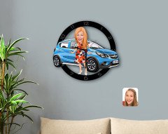 Kişiye Özel Plakalı Kadın Opel Mokka Karikatürlü Ahşap Duvar Saati-2