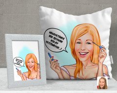 Kişiye Özel Kadın Kolay Yetişmiyor Karikatürlü Dekoratif Yastık ve Çerçeve Hediye Seti-7