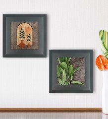 BK Gift 2âli Minimalist Bitki Tasarımlı Ahşap Çerçeveli Taş Duvar Dekoru-49