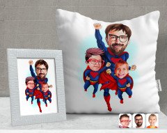 Kişiye Özel Süper Baba ve Süper Çocuklar Karikatürlü Dekoratif Yastık ve Çerçeve Hediye Seti-1