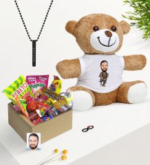 Kişiye Özel Asker Karikatürlü Nostaljik Lezzetler Peluş Ayıcık Siyah Bar Kolye Hediye Seti-2