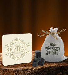 BK Gift Kişiye Özel Ahşap Bardak Altlığı ve 6âlı Granit Viski Taşı Hediye Seti - Model 6