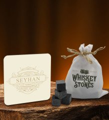 BK Gift Kişiye Özel Ahşap Bardak Altlığı ve 6âlı Granit Viski Taşı Hediye Seti - Model 10