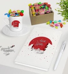Kişiye Özel Yılbaşı Mutlu Yıllar Beyaz Defter Kalem Türk Kahvesi Fincanı ve Kutulu Haribo Şeker Hediye Seti-1