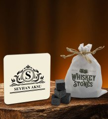 BK Gift Kişiye Özel Ahşap Bardak Altlığı ve 6âlı Granit Viski Taşı Hediye Seti - Model 22