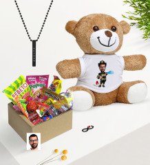 Kişiye Özel Bay İtfaiye Memuru Karikatürlü Nostaljik Lezzetler Peluş Ayıcık Siyah Bar Kolye Hediye Seti