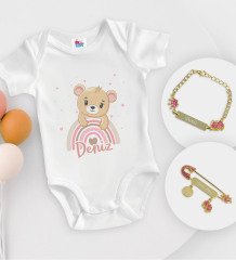 BK Kids Kişiye Özel İsimli Beyaz Bebek Body Zıbın Kız Bebek Künyesi ve İğnesi Hediye Seti-6