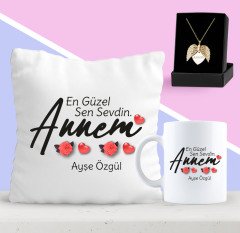 Kişiye Özel En Güzel Sen Sevdin Annem Tasarımlı Yastık Kupa ve Melek Kolye Seti-1