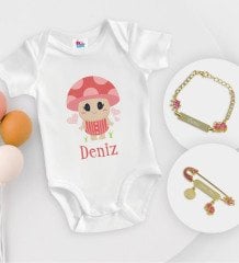 BK Kids Kişiye Özel İsimli Beyaz Bebek Body Zıbın Kız Bebek Künyesi ve İğnesi Hediye Seti-10