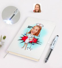 Kişiye Özel Hemşire Karikatürlü Defter ve Dokunmatik Işıklı Kalem Seti-2