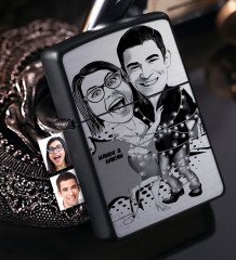 Kişiye Özel Sevgililer Karikatürlü Benzinli Siyah Metal Çakmak - 2