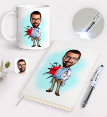 Kişiye Özel Erkek Baş Hekim Karikatürlü Defter Kupa ve Dokunmatik Işıklı Kalem Seti-1