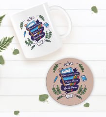 BK Gift Kişiye Özel Öğretmenler Günü Beyaz Kupa Bardak ve Yuvarlak Ahşap Bardak Altlığı Hediye Seti -2