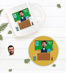 BK Gift Kişiye Özel Coğrafya Öğretmeni Karikatürlü Beyaz Kupa Bardak ve Yuvarlak Ahşap Bardak Altlığı Hediye Seti -2